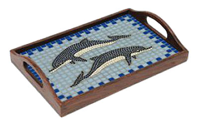 Holz Tablett mit Mosaik Delfine