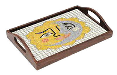 Holz Tablett mit Mosaik Sonne und Mond